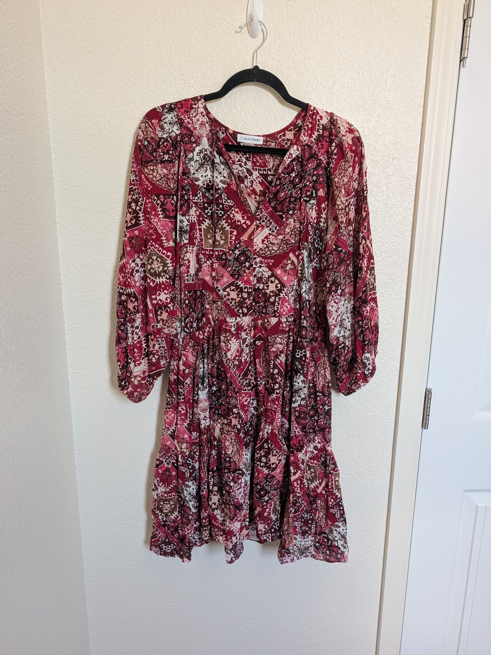 Calvin Klein Midi Floral Dress Size 8 Womens Red White And Pink Boho Long Sleeve